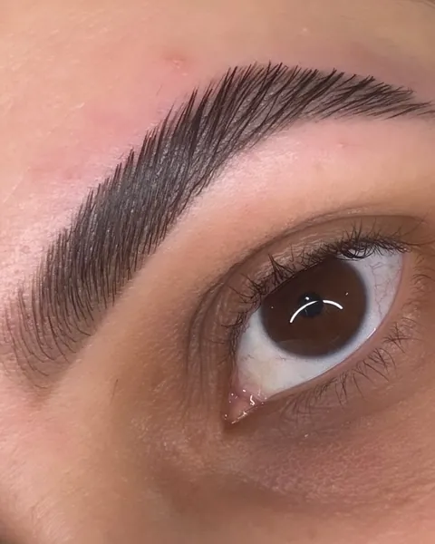Close de sobrancelha escura e definida, com olho castanho aberto.